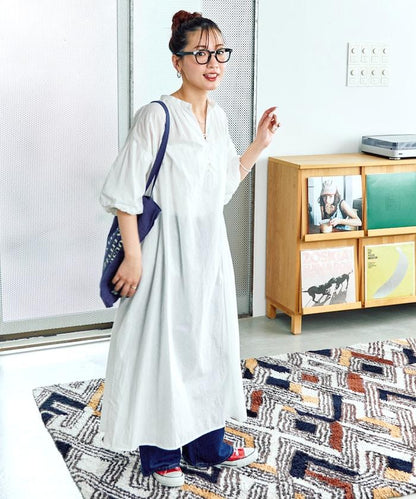 印度紐扣開襟短袖連衣裙