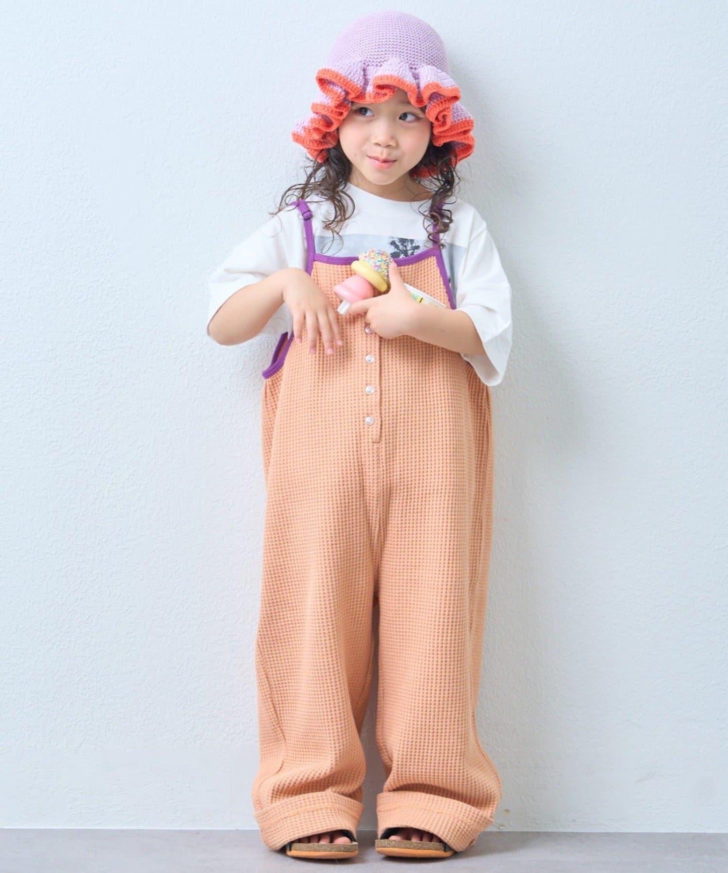 KIDS 拼色華夫格吊帶連體褲