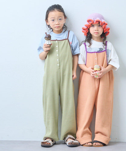 KIDS 拼色華夫格吊帶連體褲