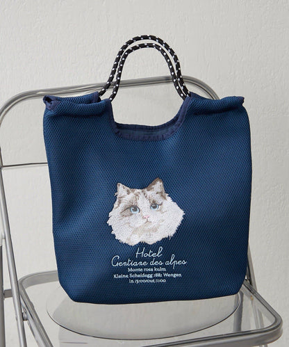 網眼動物刺繡編繩托特包