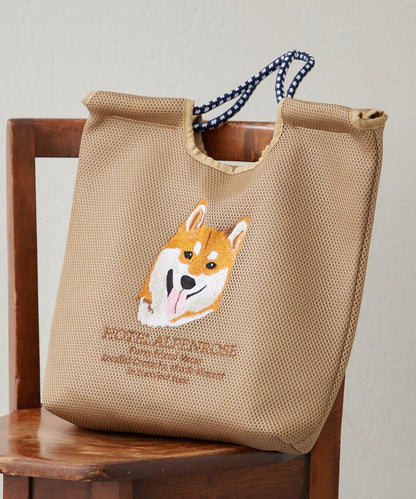 網眼動物刺繡編繩托特包