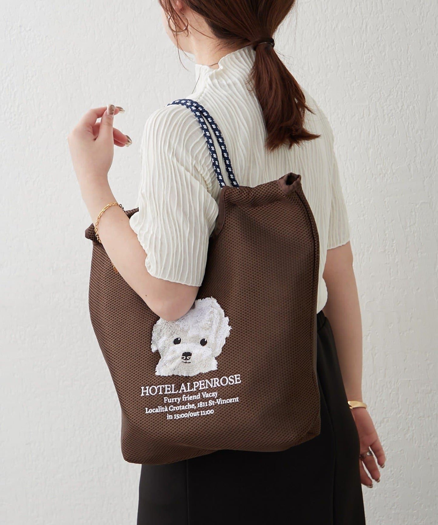 網眼動物刺繡編繩托特包