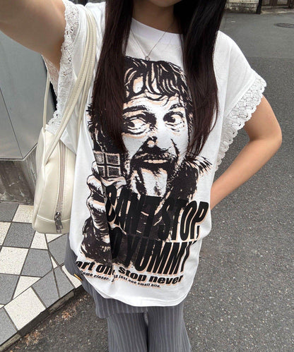 蕾絲袖LOGO寬鬆無袖T恤
