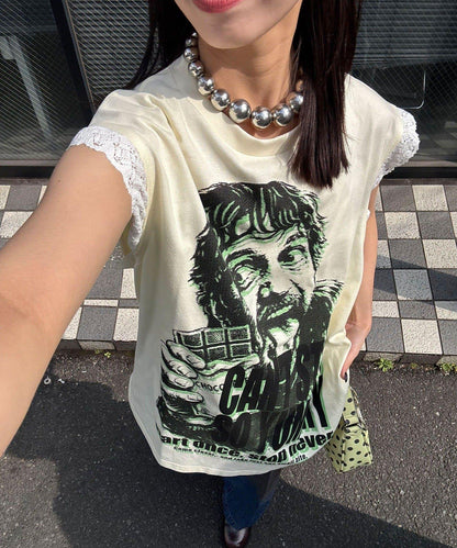 蕾絲袖LOGO寬鬆無袖T恤