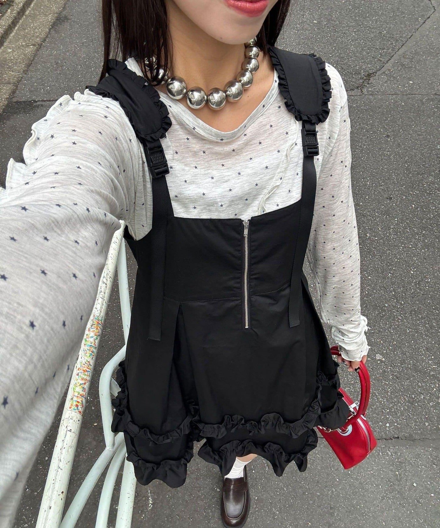 荷葉邊工裝風中長背心裙