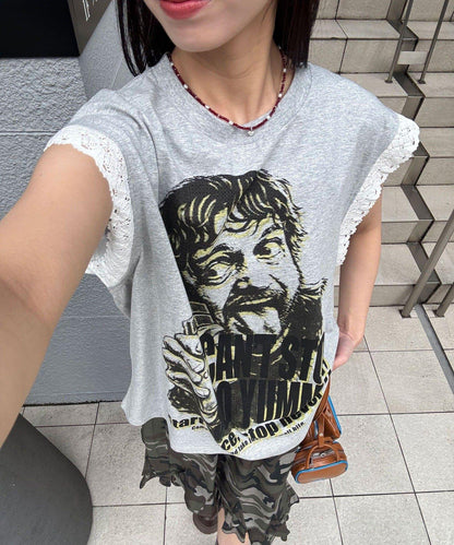 蕾絲袖LOGO寬鬆無袖T恤