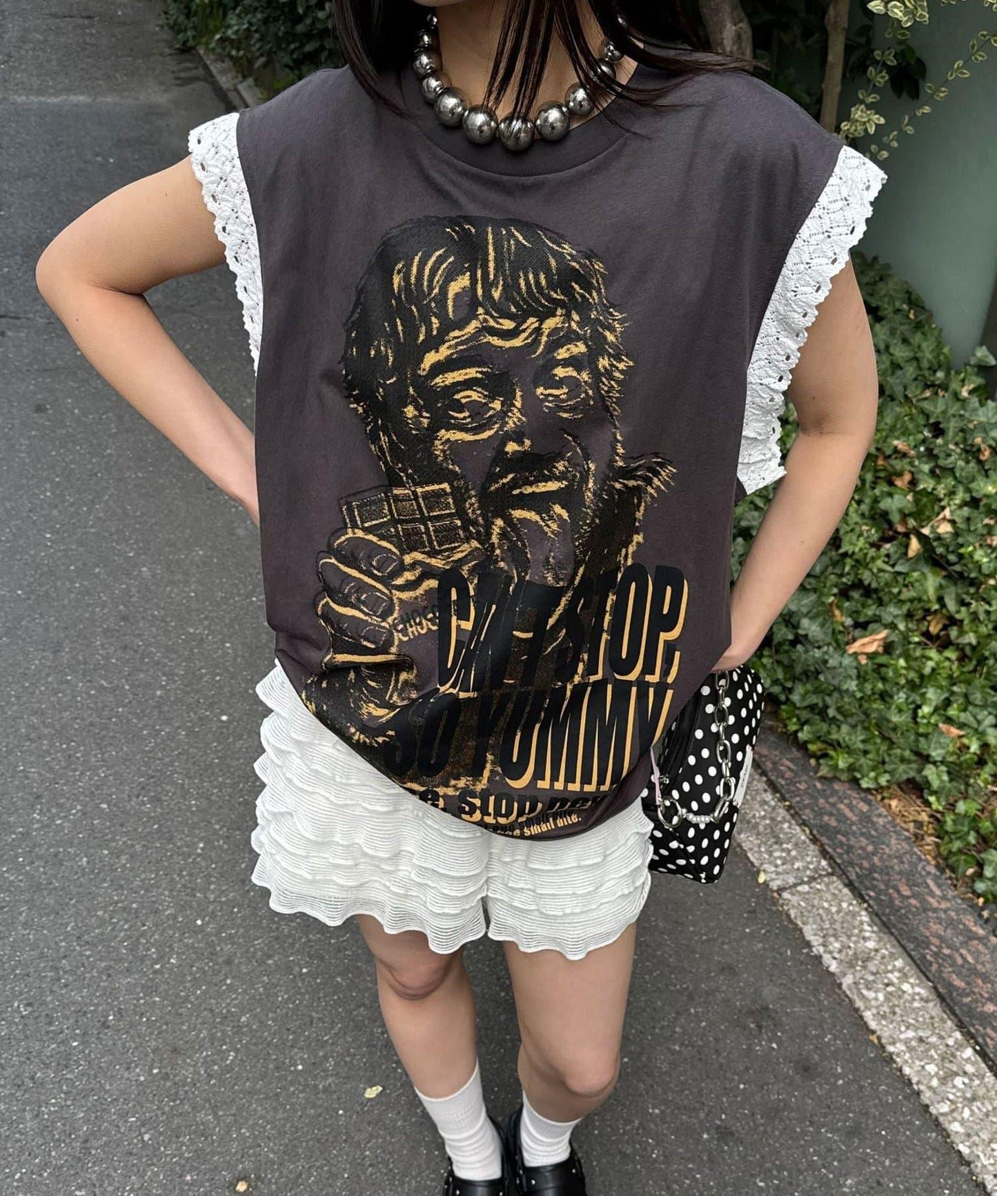 蕾絲袖LOGO寬鬆無袖T恤