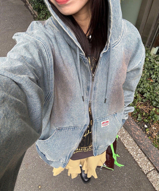牛仔雙拉鍊連帽外套