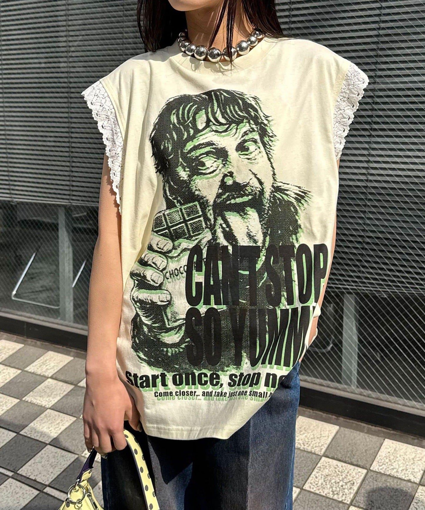 蕾絲袖LOGO寬鬆無袖T恤