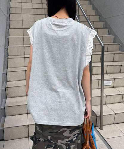 蕾絲袖LOGO寬鬆無袖T恤