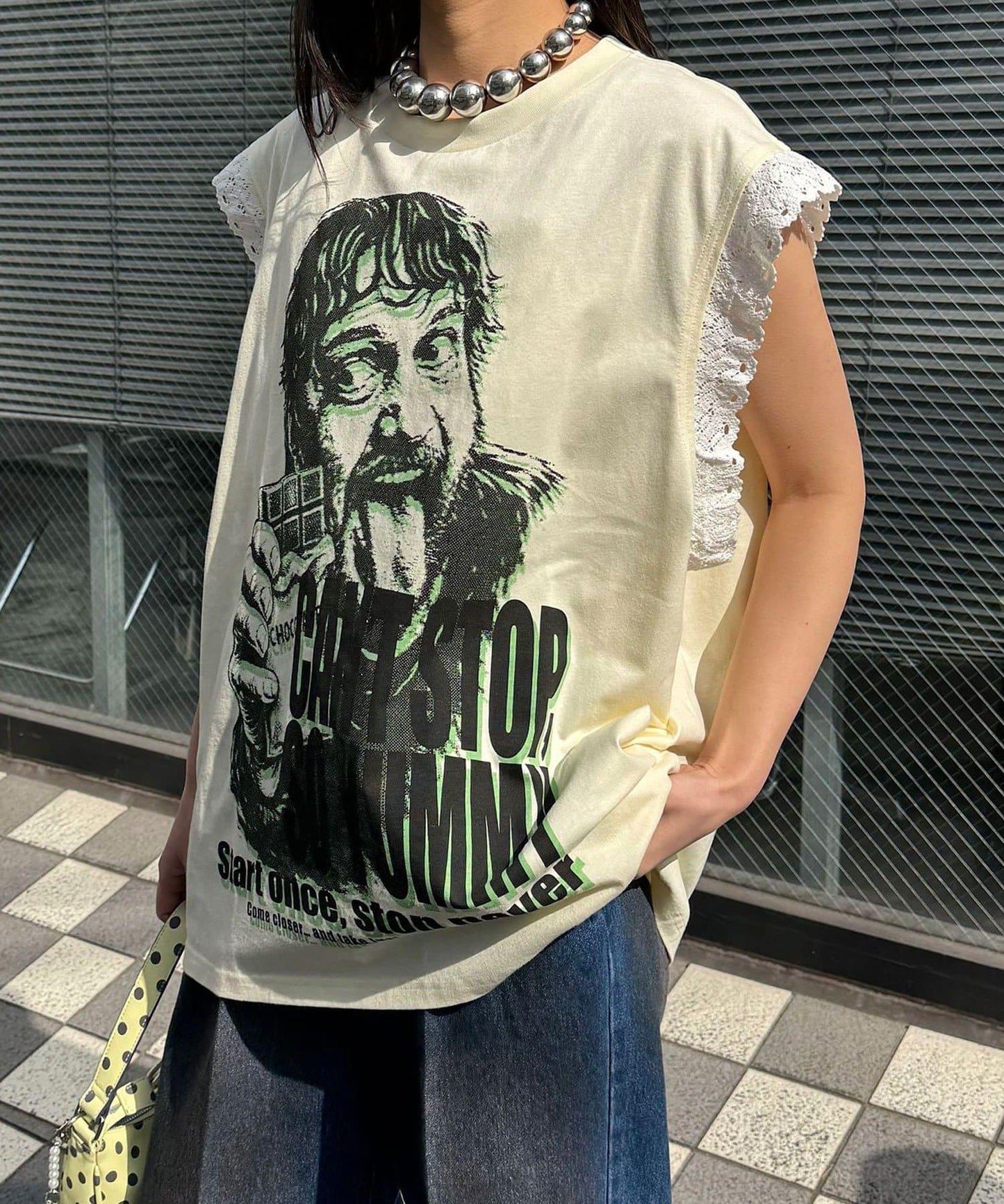 蕾絲袖LOGO寬鬆無袖T恤