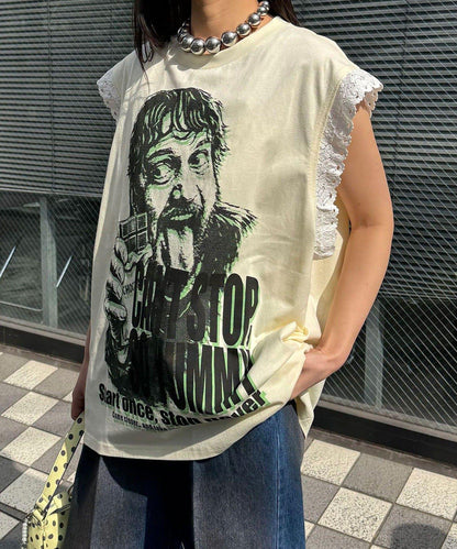 蕾絲袖LOGO寬鬆無袖T恤