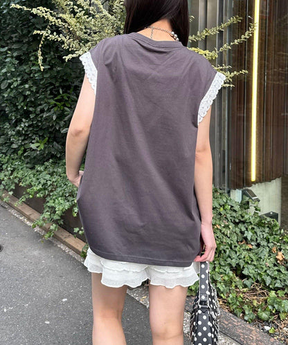 蕾絲袖LOGO寬鬆無袖T恤