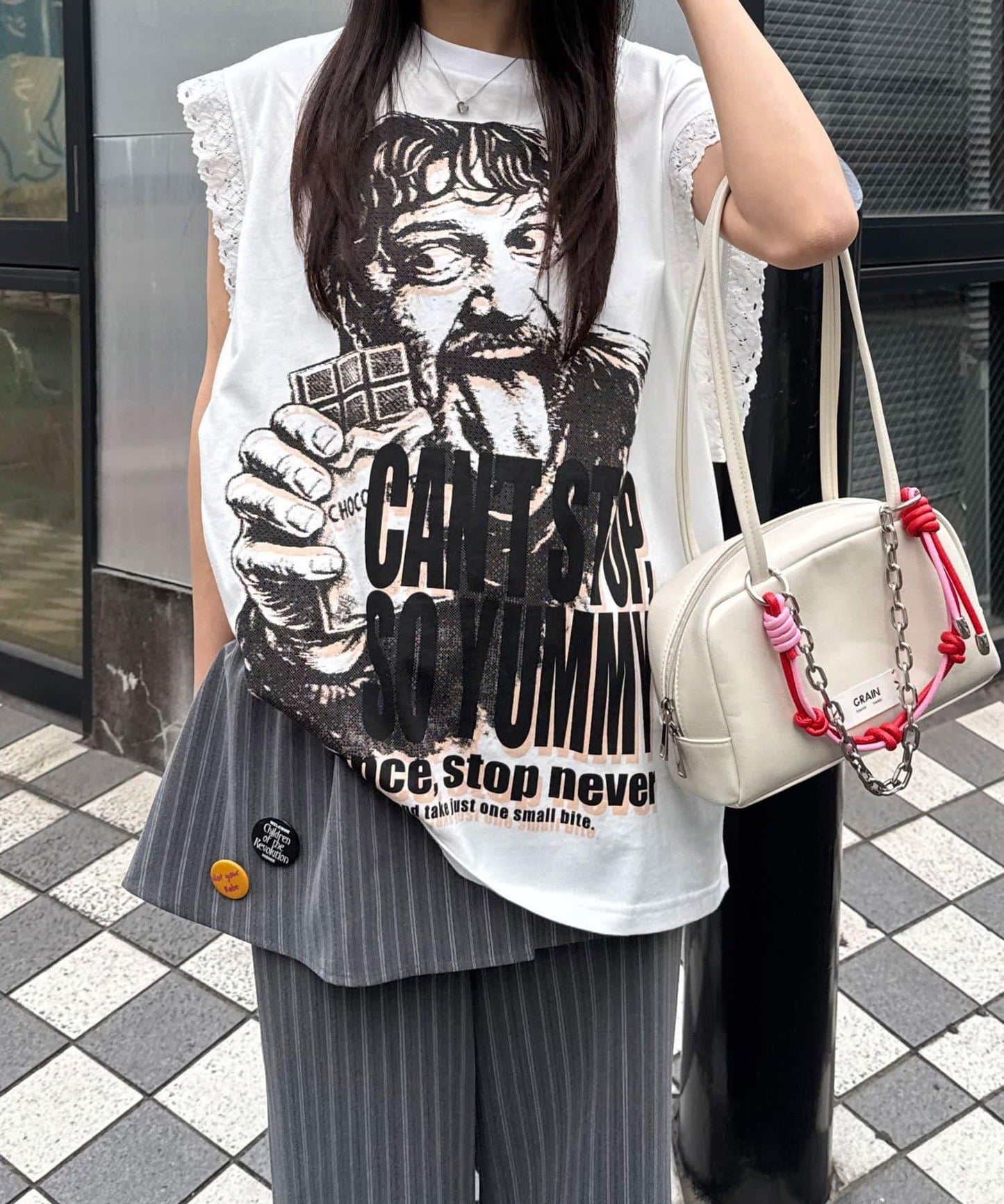 蕾絲袖LOGO寬鬆無袖T恤