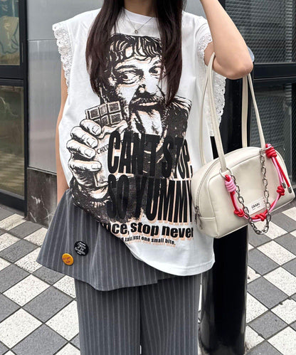 蕾絲袖LOGO寬鬆無袖T恤