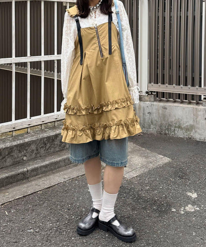 荷葉邊工裝風中長背心裙