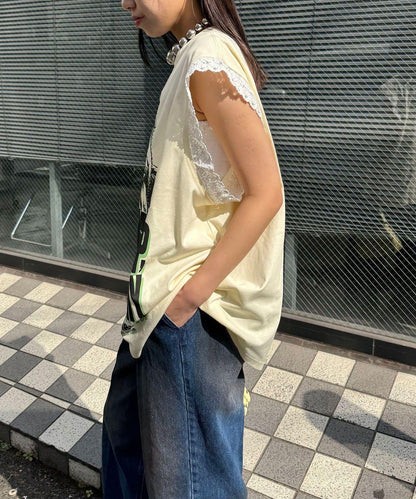 蕾絲袖LOGO寬鬆無袖T恤