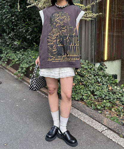 蕾絲袖LOGO寬鬆無袖T恤