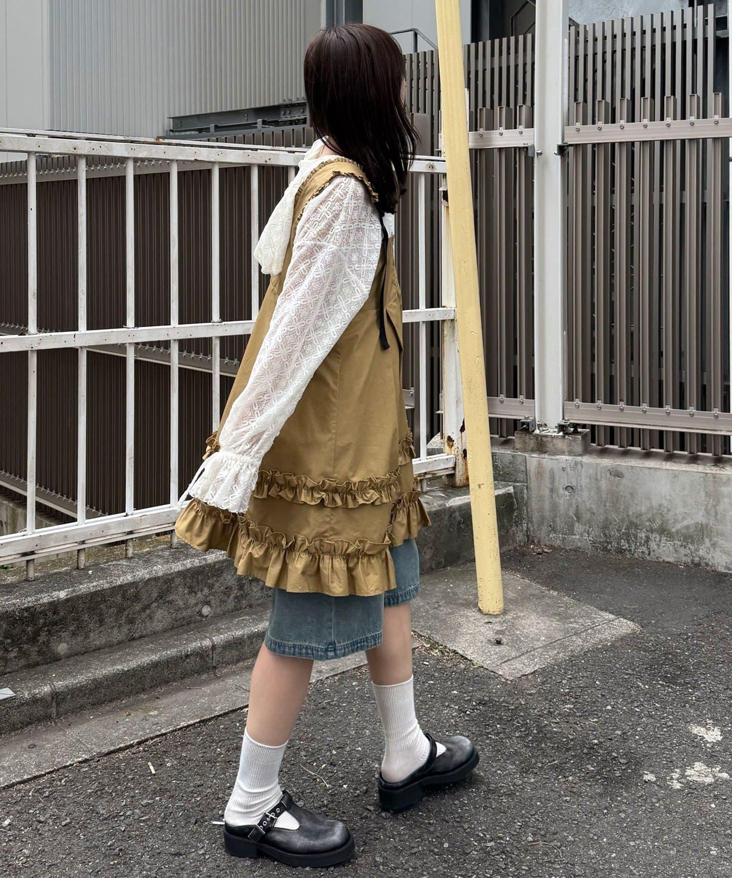 荷葉邊工裝風中長背心裙