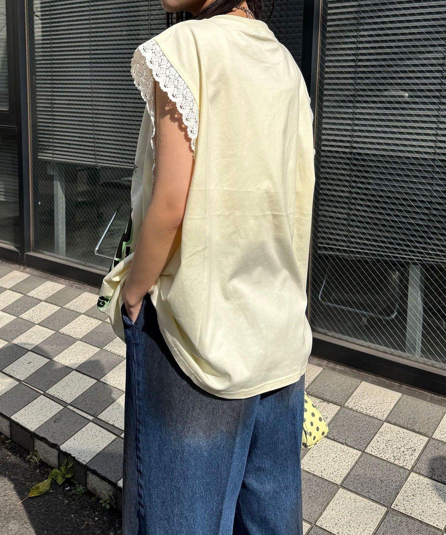 蕾絲袖LOGO寬鬆無袖T恤