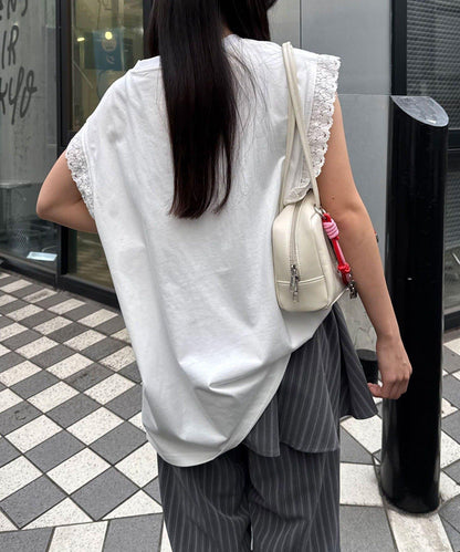 蕾絲袖LOGO寬鬆無袖T恤