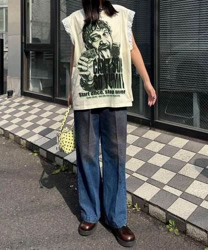 蕾絲袖LOGO寬鬆無袖T恤