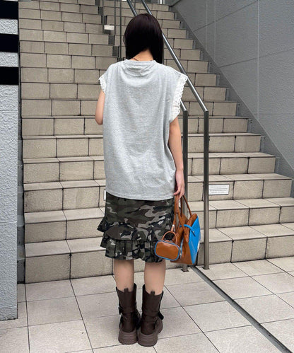 蕾絲袖LOGO寬鬆無袖T恤