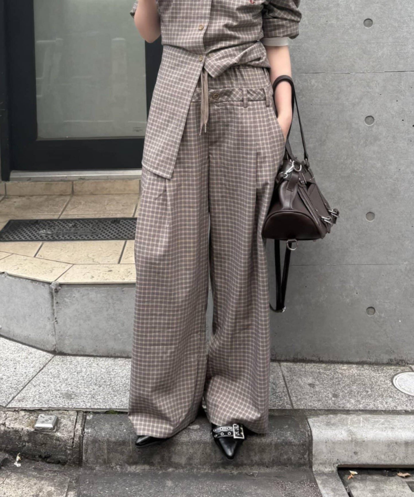 腰部層疊設計 格紋 休閒褲