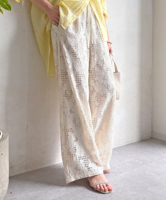 花卉線繩蕾絲鬆緊休閒褲（網絡）