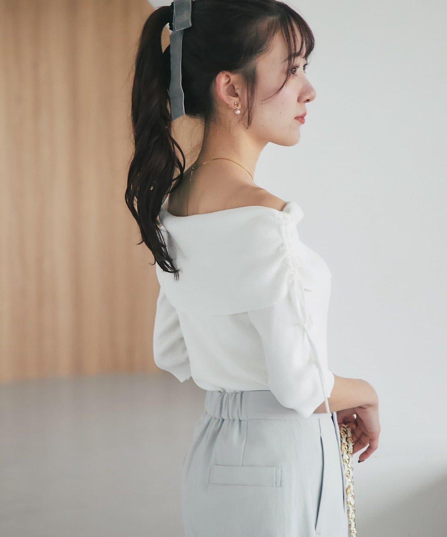 清涼觸感防曬 露肩 羅紋針織 針織上衣