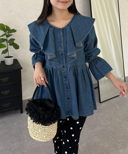 荷葉邊下襬 牛仔襯衫