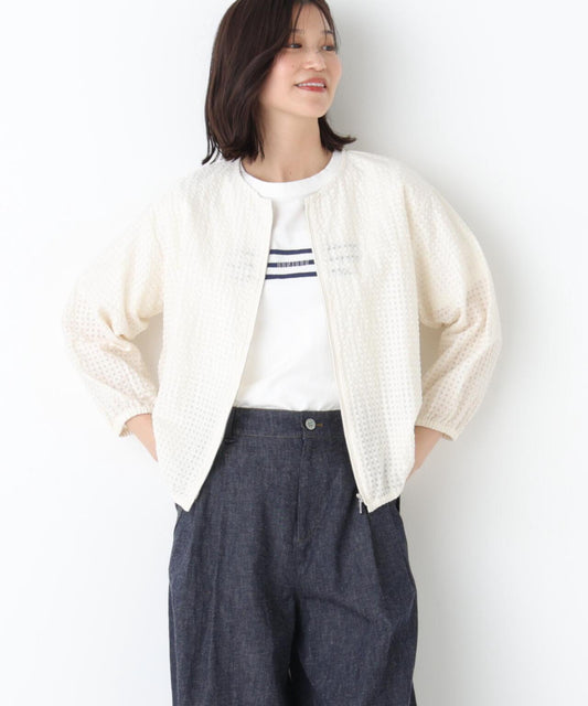 拉舍爾格紋蕾絲 拉鍊短外套