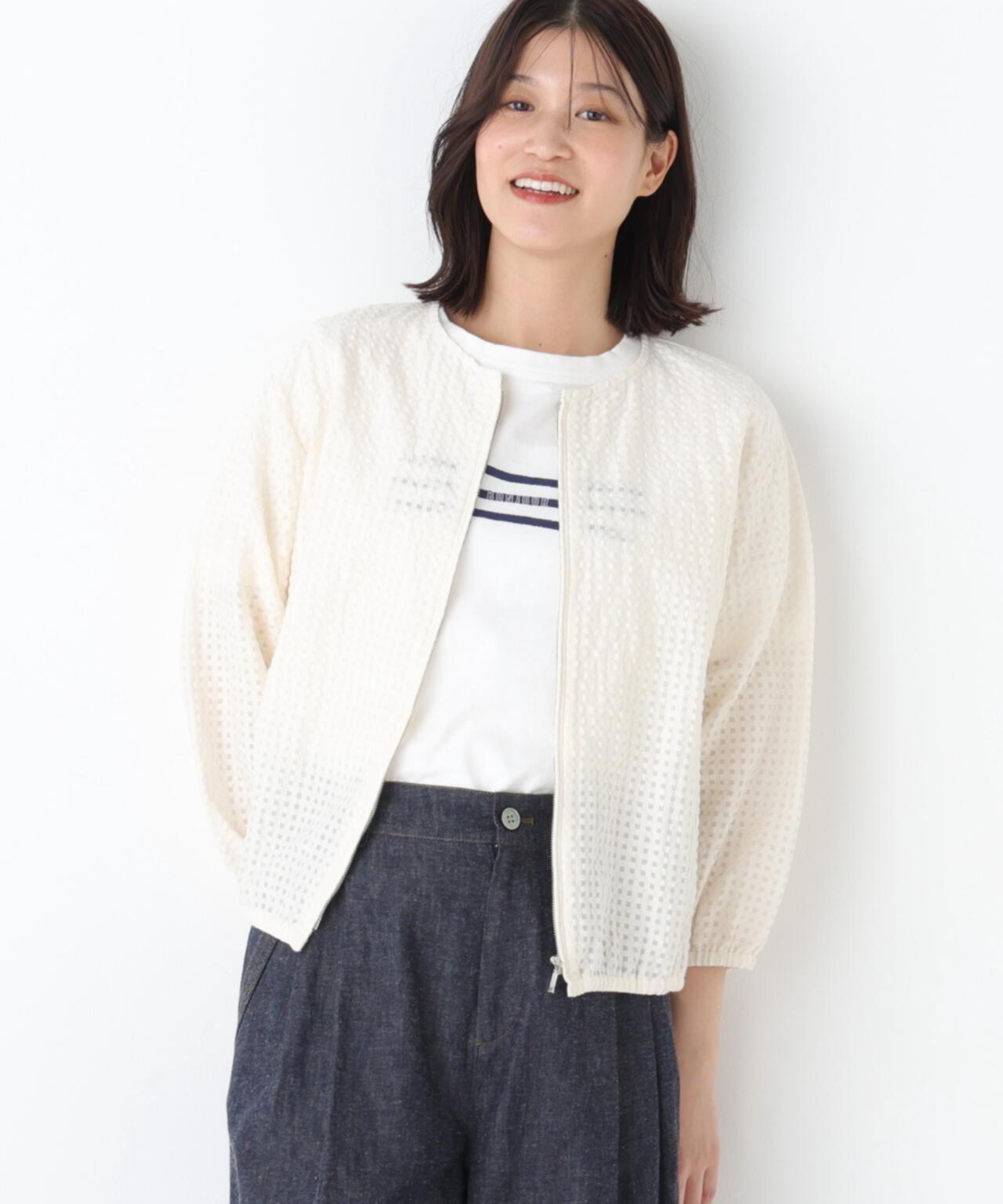 拉舍爾格紋蕾絲 拉鍊短外套