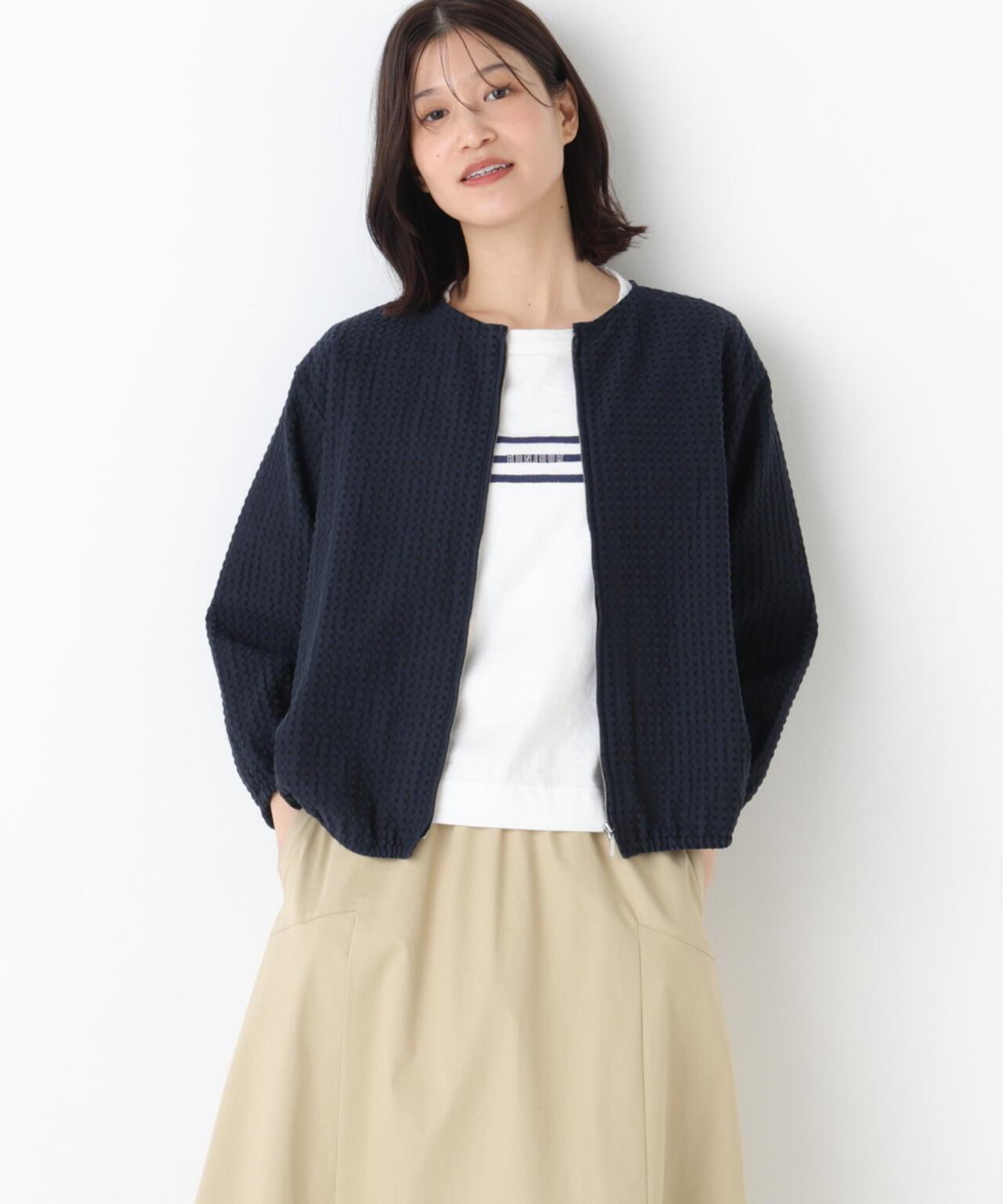 拉舍爾格紋蕾絲 拉鍊短外套