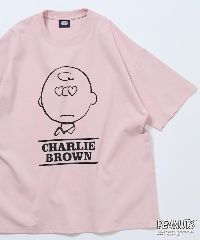 PEANUTS（史努比） チャーリー・ブラウン 寬鬆版心形眼圖案圓領T恤