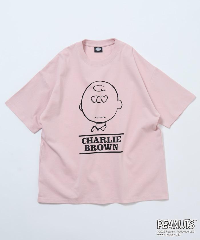 PEANUTS（史努比） チャーリー・ブラウン 寬鬆版心形眼圖案圓領T恤