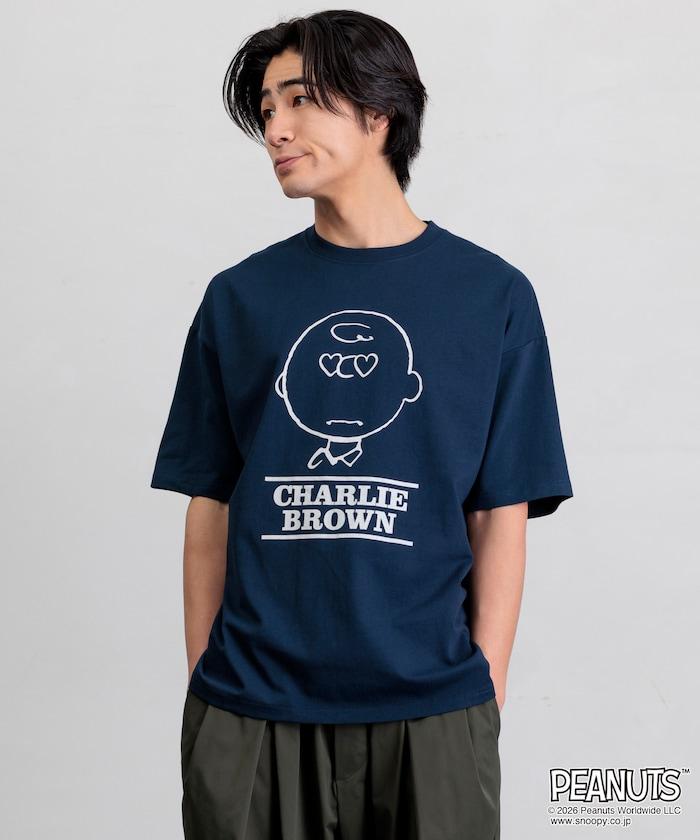 PEANUTS（史努比） チャーリー・ブラウン 寬鬆版心形眼圖案圓領T恤