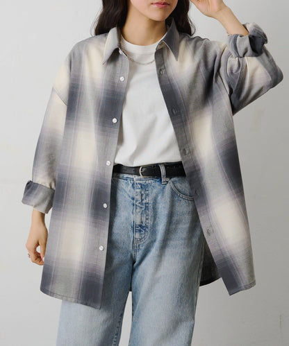 亞麻風漸變格長袖襯衫