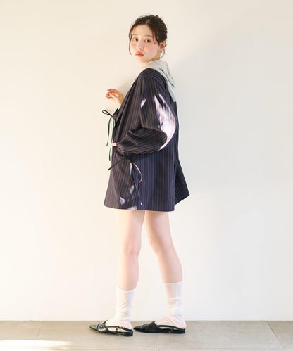 繫帶 格紋條紋 拼接夾克