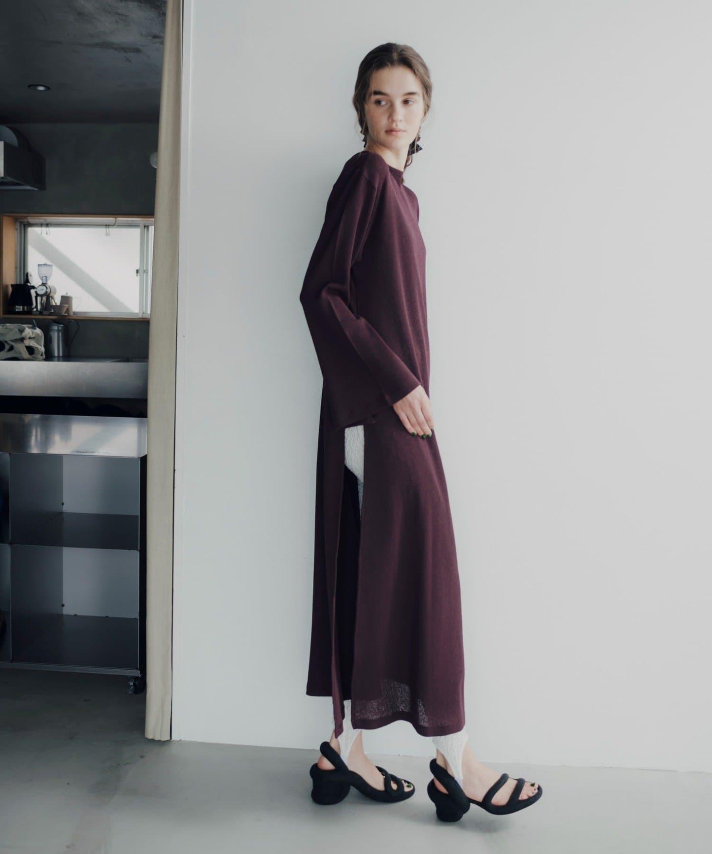 Waffle V-neck slit 連衣裙