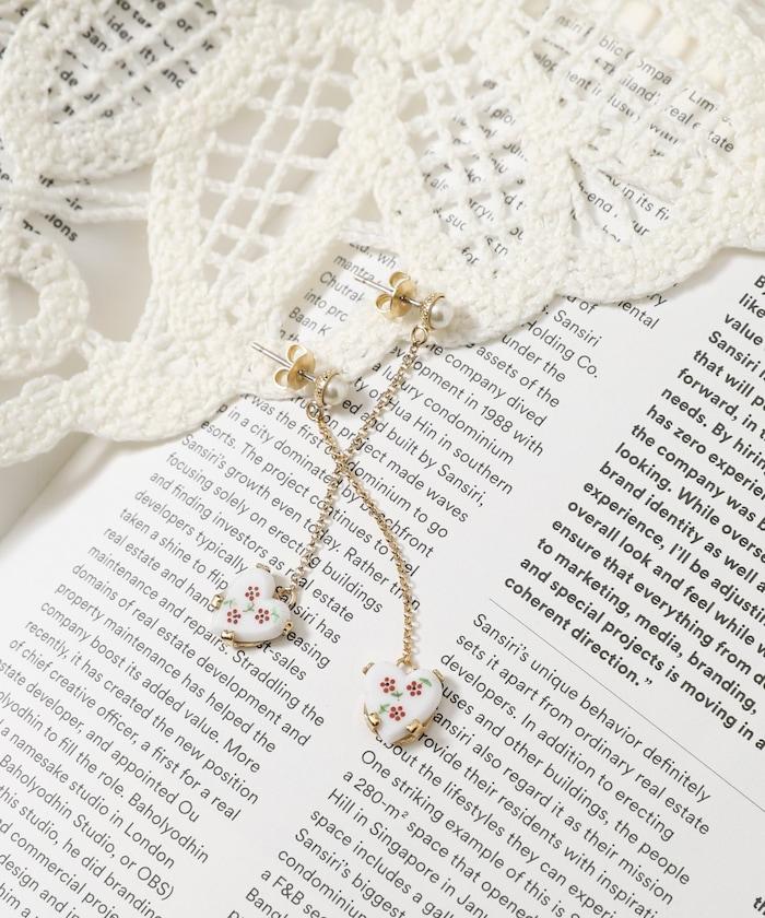 vintage porcelain heart earring BO-26P-FH01-B 復古心形鏈條耳飾