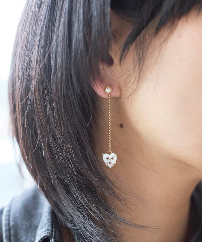 vintage porcelain heart earring BO-26P-FH01-B 復古心形鏈條耳飾