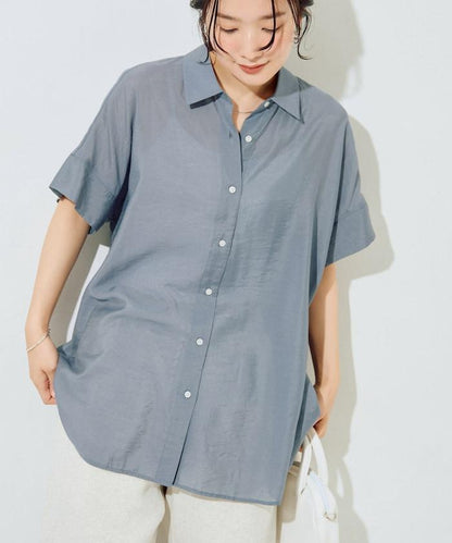 透視感 蝙蝠袖 短袖 有領 襯衫