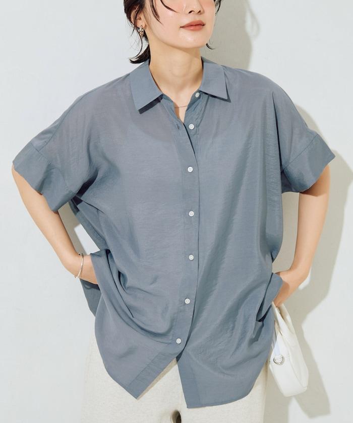 透視感 蝙蝠袖 短袖 有領 襯衫