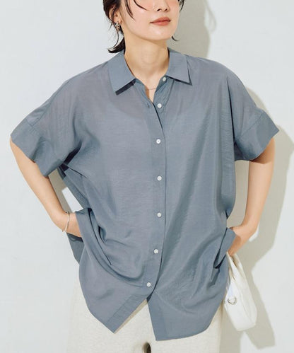 透視感 蝙蝠袖 短袖 有領 襯衫