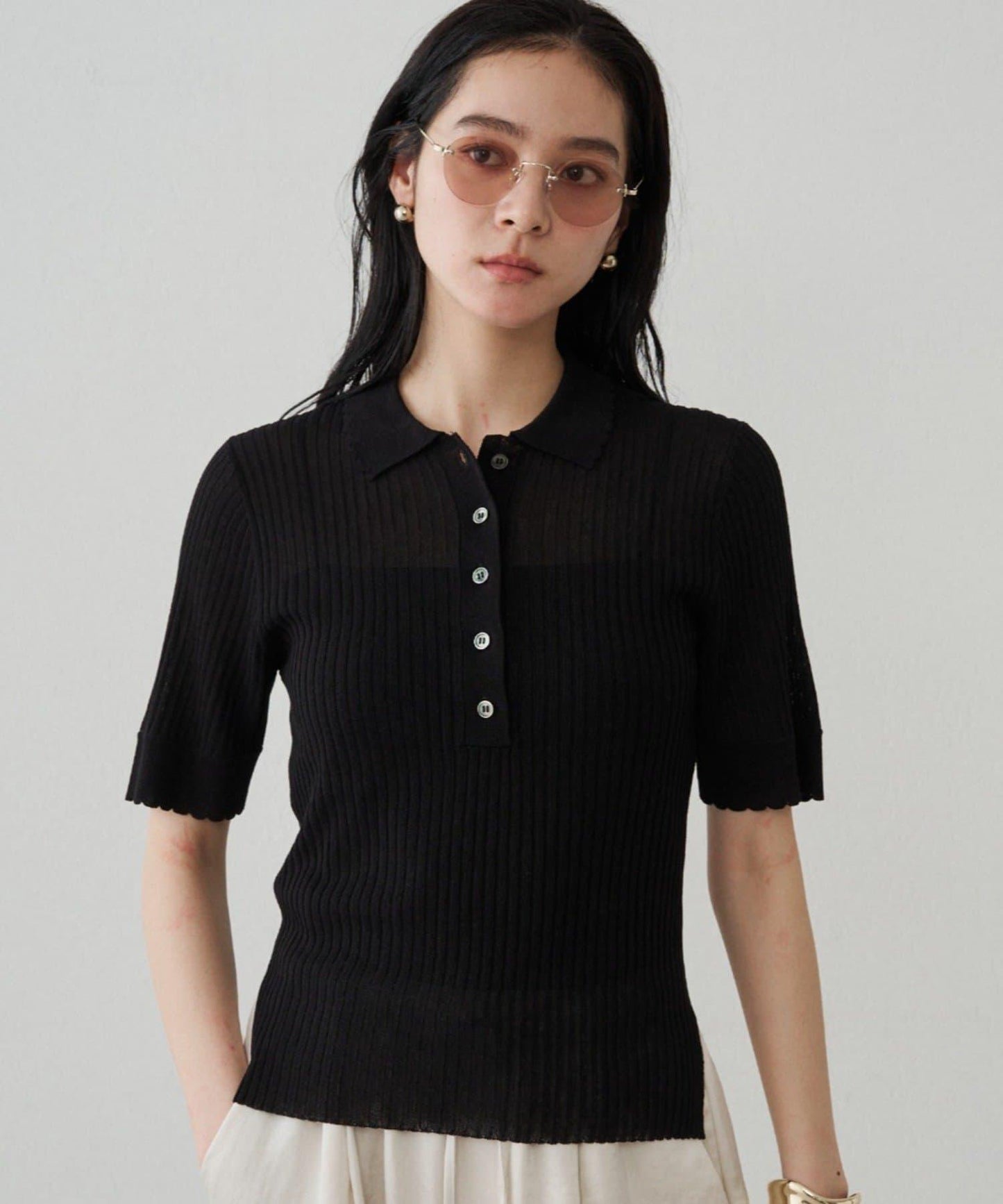 Loungedress 透視羅紋Polo針織衫
