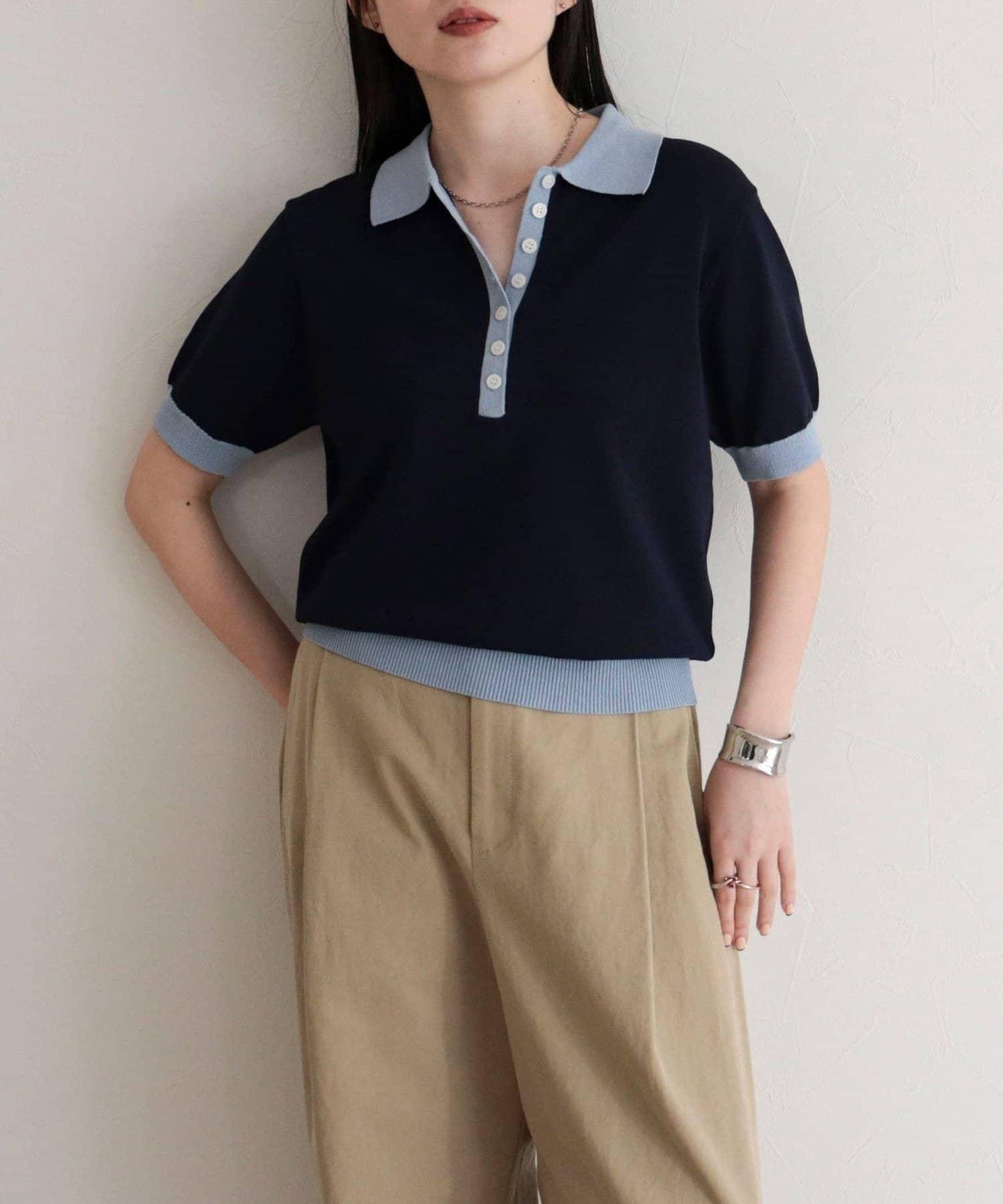 接觸涼感撞色POLO領短袖針織套頭衫