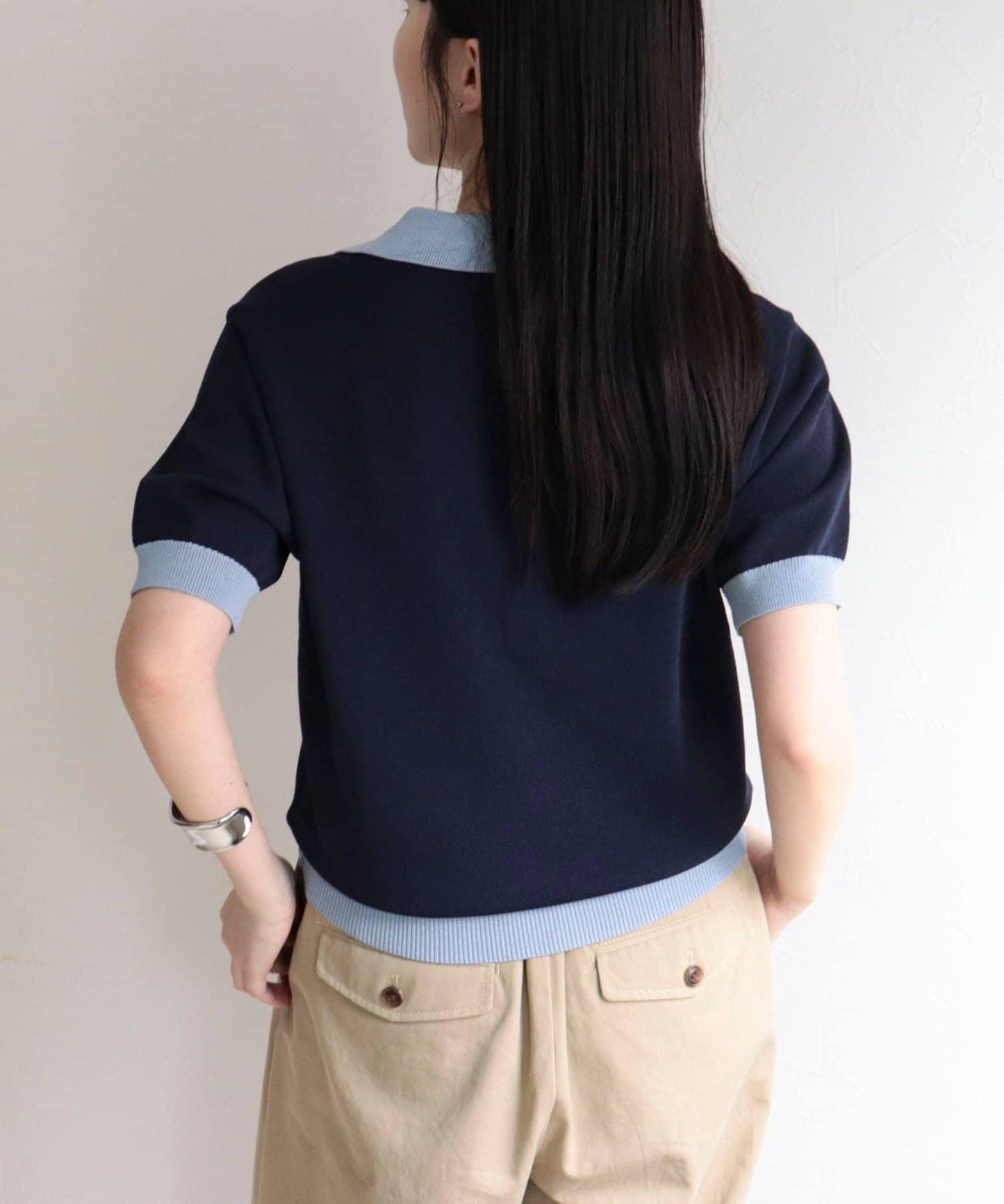 接觸涼感撞色POLO領短袖針織套頭衫
