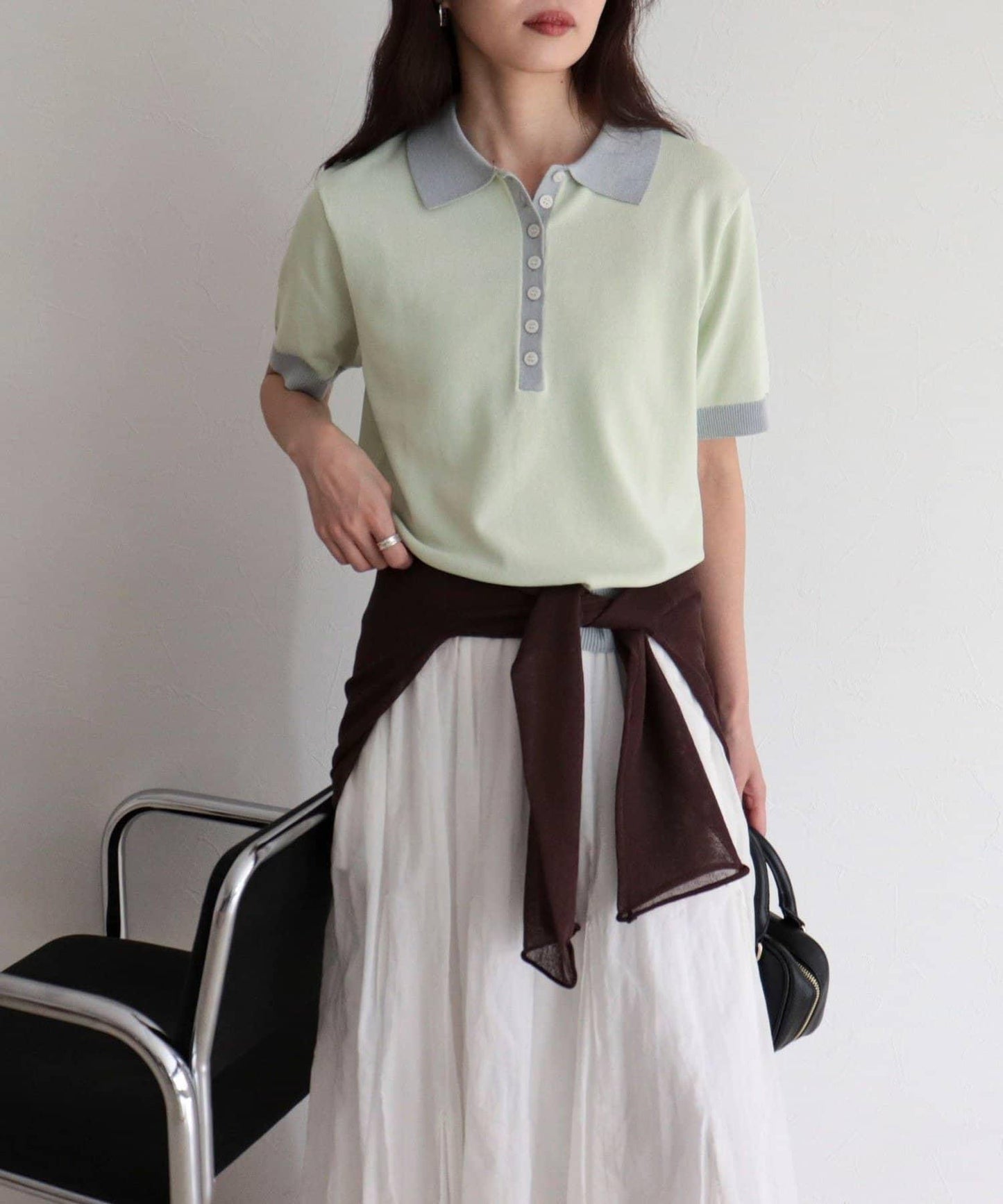 接觸涼感撞色POLO領短袖針織套頭衫