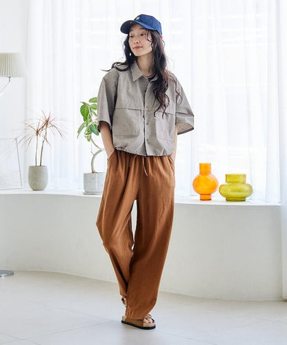 亞麻混紡鬆緊設計休閒褲（套裝可搭配）